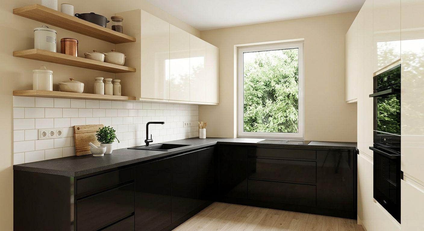 Moderne Küche mit schwarzen Unterschränken, pastellfarbener Wand, weißen Oberschränken, schwarzer Armatur und Fenster mit Blick ins Grüne.