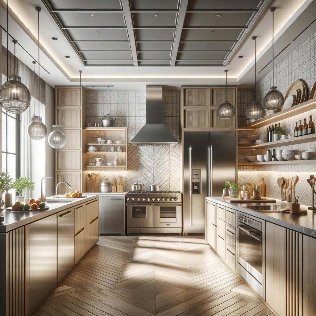 große gebrauchte Küche mit Küchenzeilen Kühlschrank Backofen Spülmachine uns Holz Arbeitsplatten